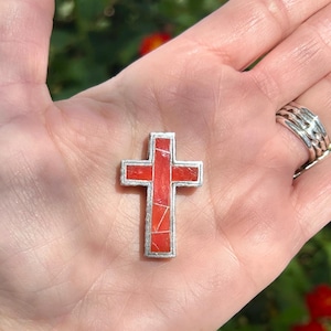 Coral Inlay Thick Sterling Silver Navajo Handmade Cross Pendant /Comes with a Sterling Silver Chain
