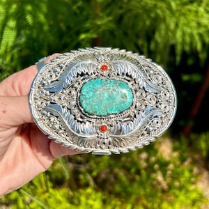 New Mexico Hachita Turquoise Mine Sterling Silver Heavy Hopi Handmade Coral Belt Buckle