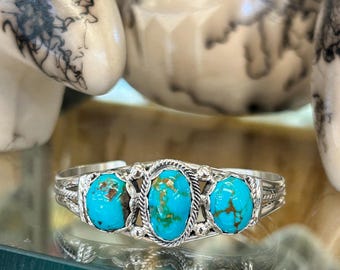 Sonoran Gold Turquoise Sterling Silver 3 Stone Navajo Handmade Cuff Bracelet