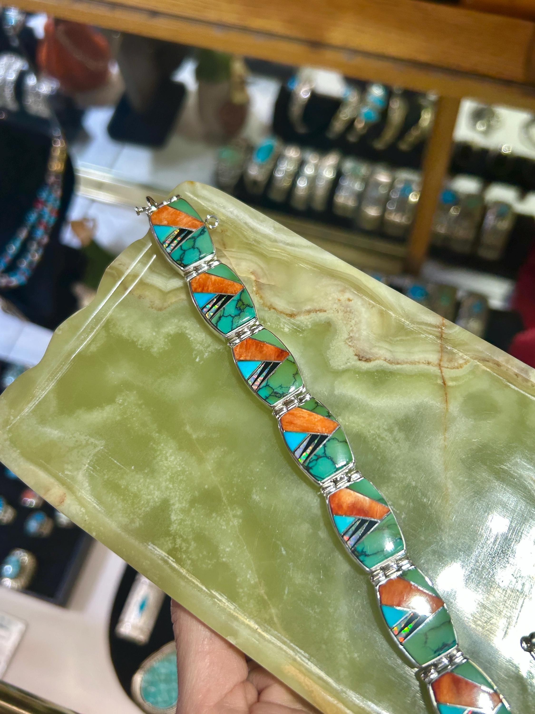 Phenomenal! Heavy Sterling Silver Multistone Turquoise Inlay Opal