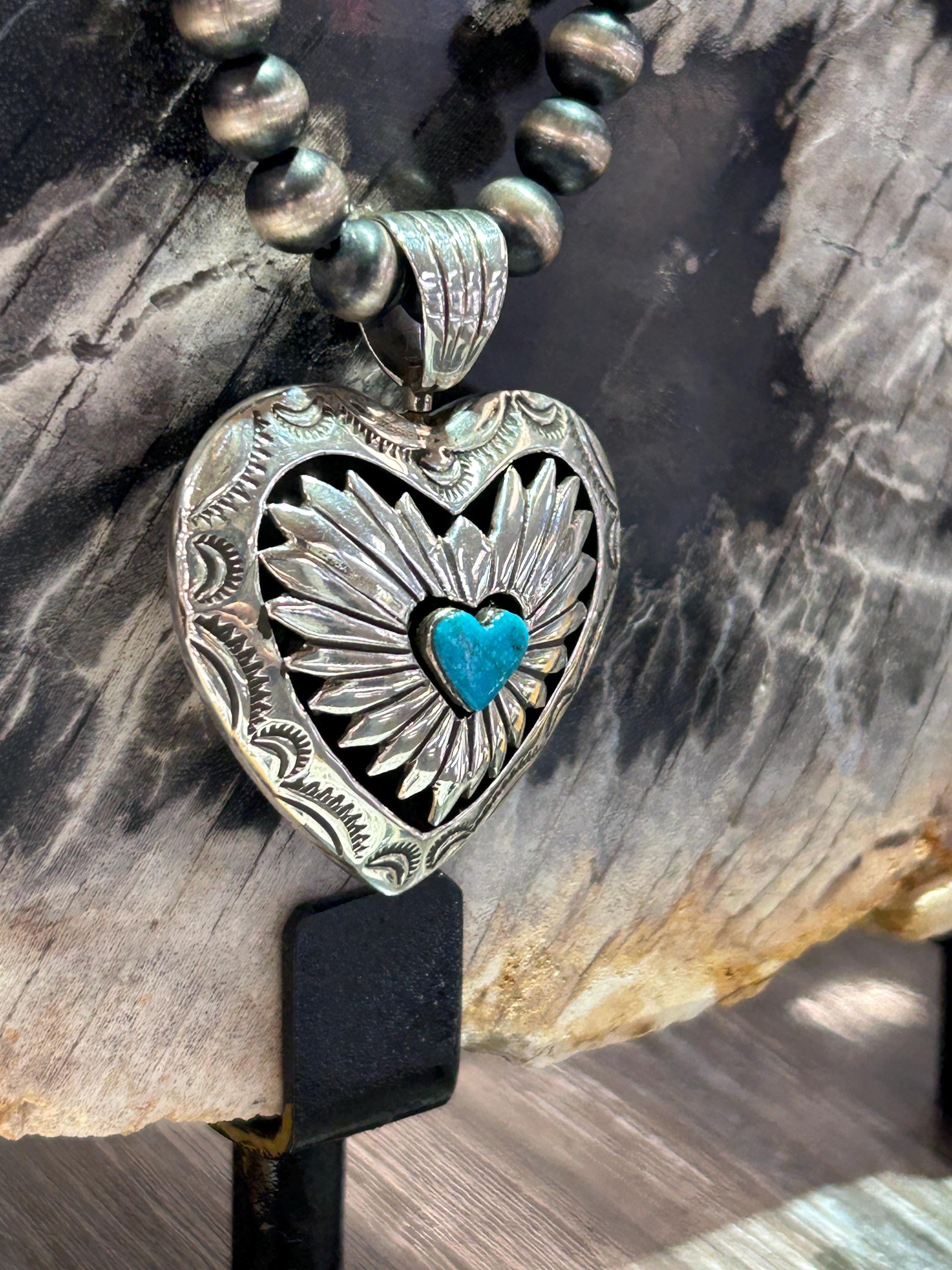 925 JAM JEAN シルバー　NAVAJO チャーム　ペンダント　私 Large Navajo Handmade Sterling Silver Puffy Heart Turquoise Double