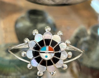 Zuni Sunface Inlay Sterling Silber Manschette Armband, Perlmutt, Türkis, Koralle