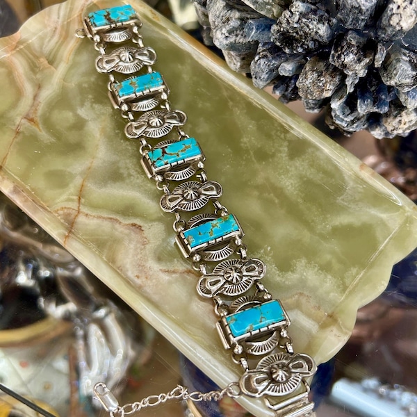Navajo Handmade Kingman Turquoise Heavy Thick Sterling Silver Link Bracelet