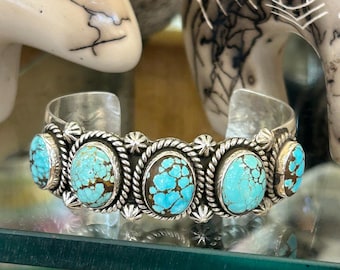 Navajo Handmade 5 Stone #8 Spiderweb Turquoise Sterling Silver Mens/Womens Cuff