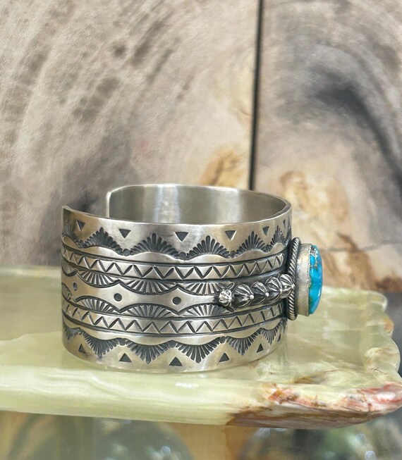 Blue Gem Turquoise Sterling Silver Thick Navajo Handmade Wide Mens