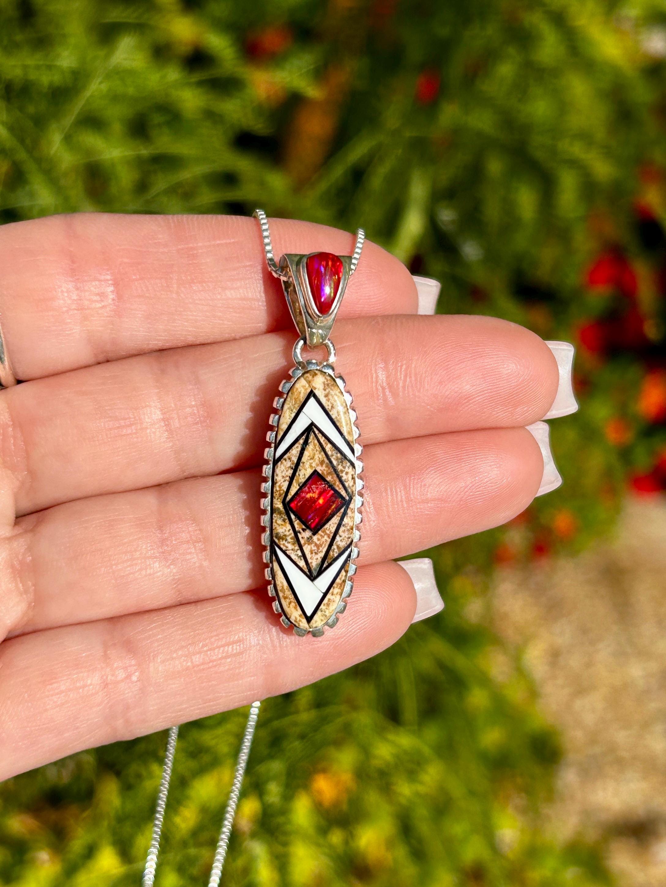 Red Opal/picture Jasper/white Buffalo/onyx Inlay Sterling Silver