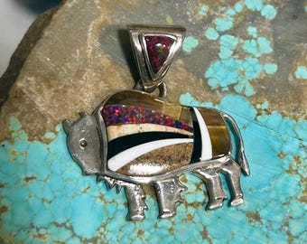 Tigers Eye Inlay Jasper Opal Inlay Sterling Silver Navajo Handmade Buffalo Pendant with Chain