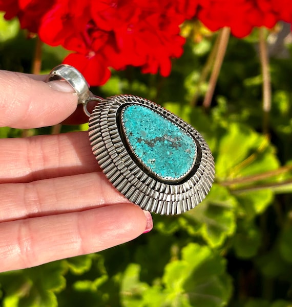 Navajo・Roy Buck・Morenciターコイズ ネックレス・OLD希少 Morenci Turquoise Thick Heavy Navajo Handmade Pendant Hook on With