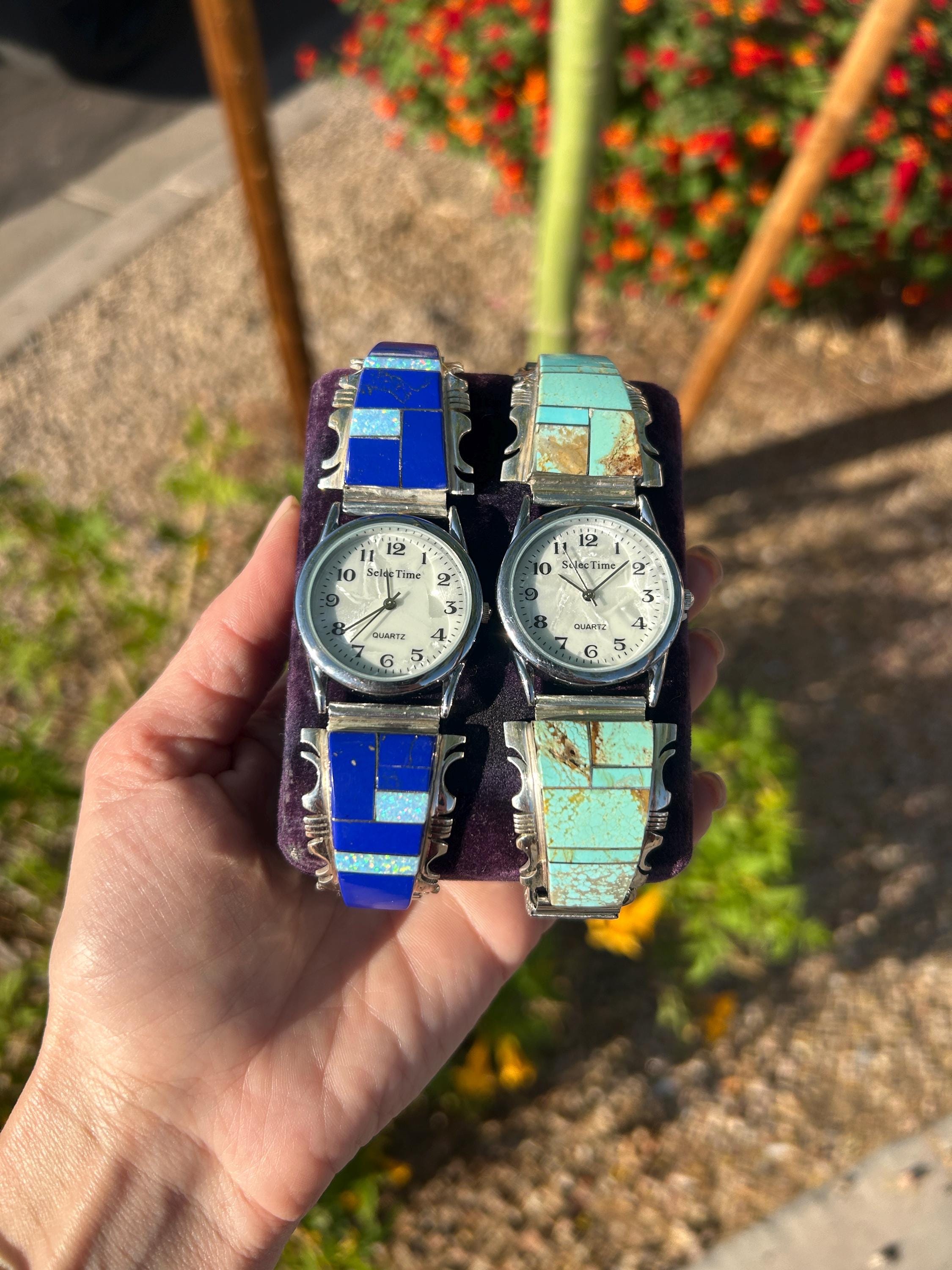 Mens Lapis Opal Inlay and Turquoise Inlay Navajo Handmade Watches