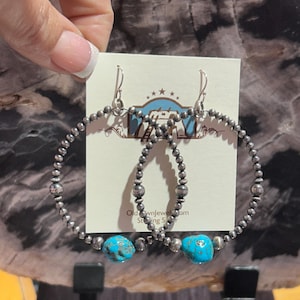 Morenci Turquoise Nuggets Sterling Silver Navajo Pearl Hoop Earrings
