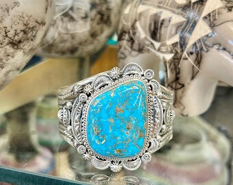 Pulsera unisex de plata de ley con gema azul turquesa y piedra grande, estilo navajo, hecha a mano