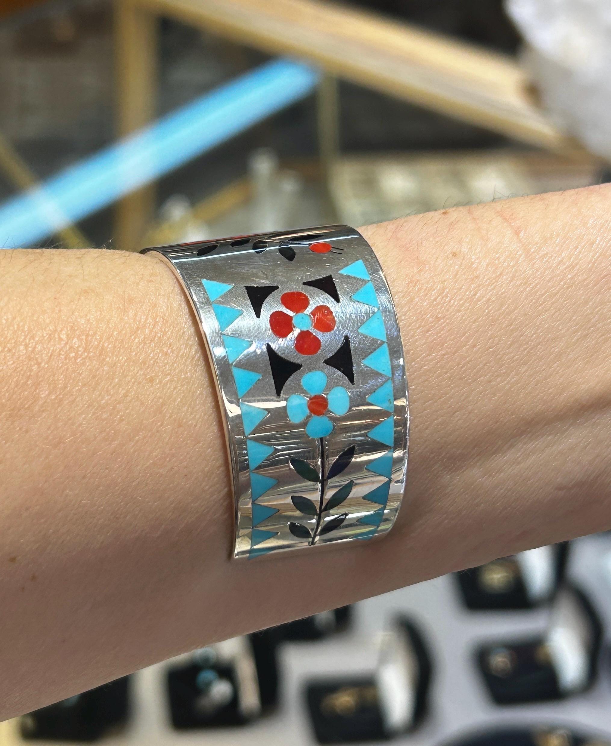 Vintage Zuni Sterling Silver Cuff Bracelet: Coral Cardinal