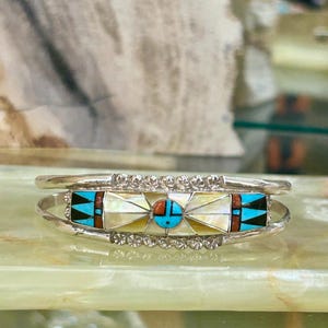 Zuni Handmade Inlay Mother of Pearl Multistone Sunface Sterling silver Cuff Bracelet