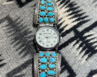 Navajo Handmade Sterling Silver Kingman Turquoise Multistone Cluster Watch