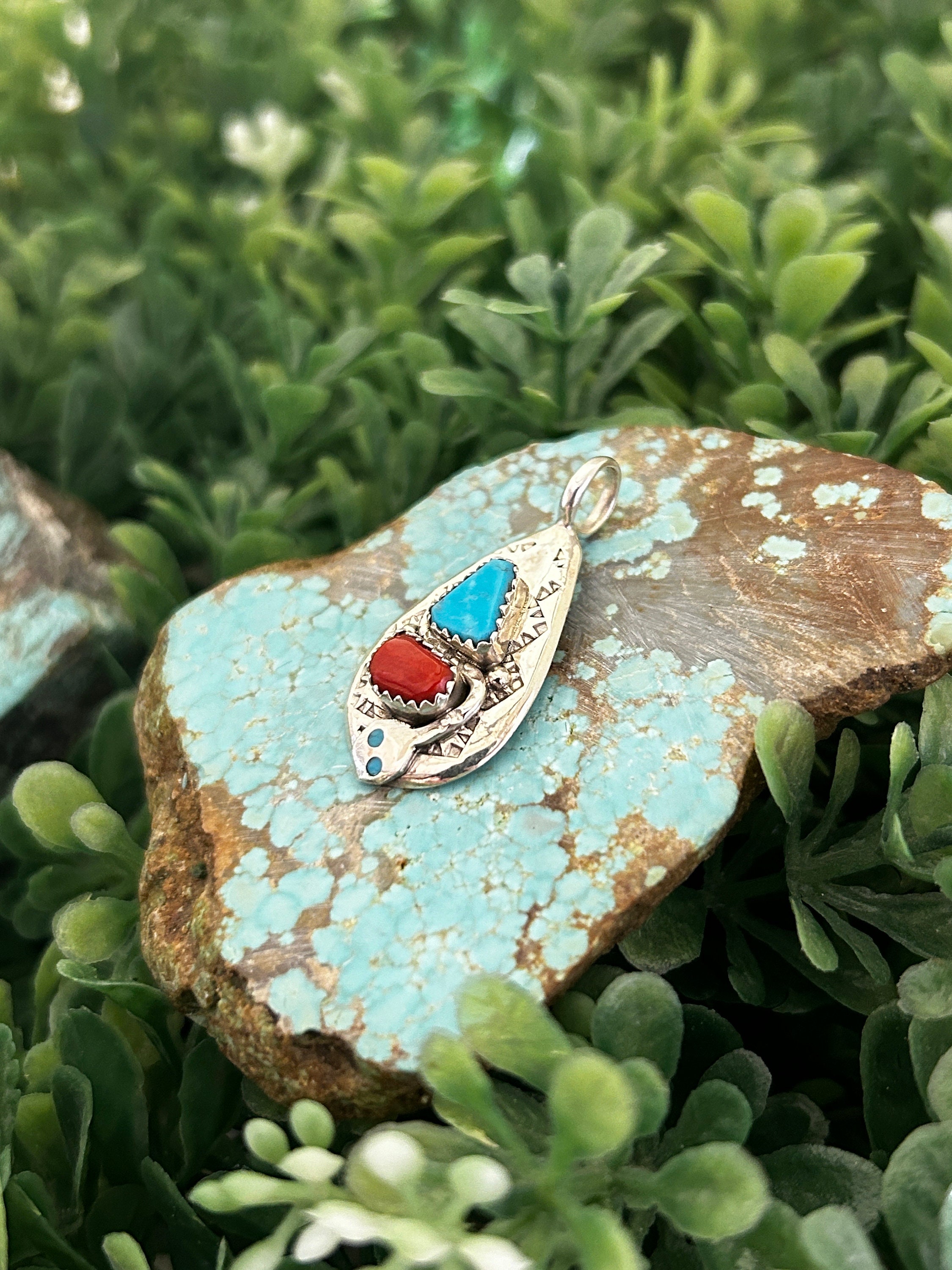 Effie Calavaza Vintage Zuni Snake Pendant, Turquoise Coral 