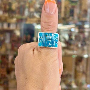 Navajo Handmade Blue Gem Turquoise Inlay Square Sterling Silver Mens Ring