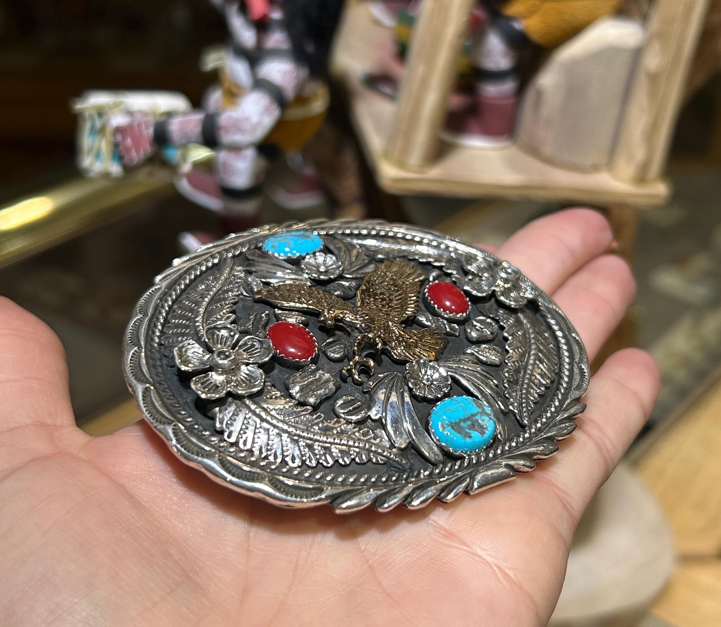 Vintage Sterling Silver Turquoise Coral Inlay Southwestern Belt Buckle Vintage Native American Sterling Silver Belt Buckle  main image 2