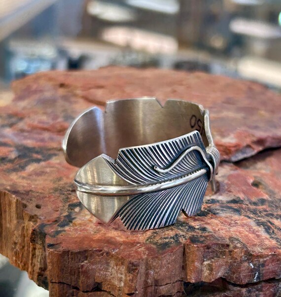 Navajo Handmade Wide Sterling Silver Feather Shaped Cuff Unisex