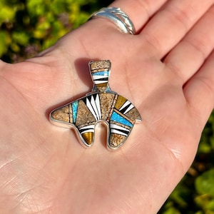Double Sided Sterling Silver Tigers Eye/Picture Jasper/Onyx/Opal Inlay Bear Pendant with Sterling Silver chain