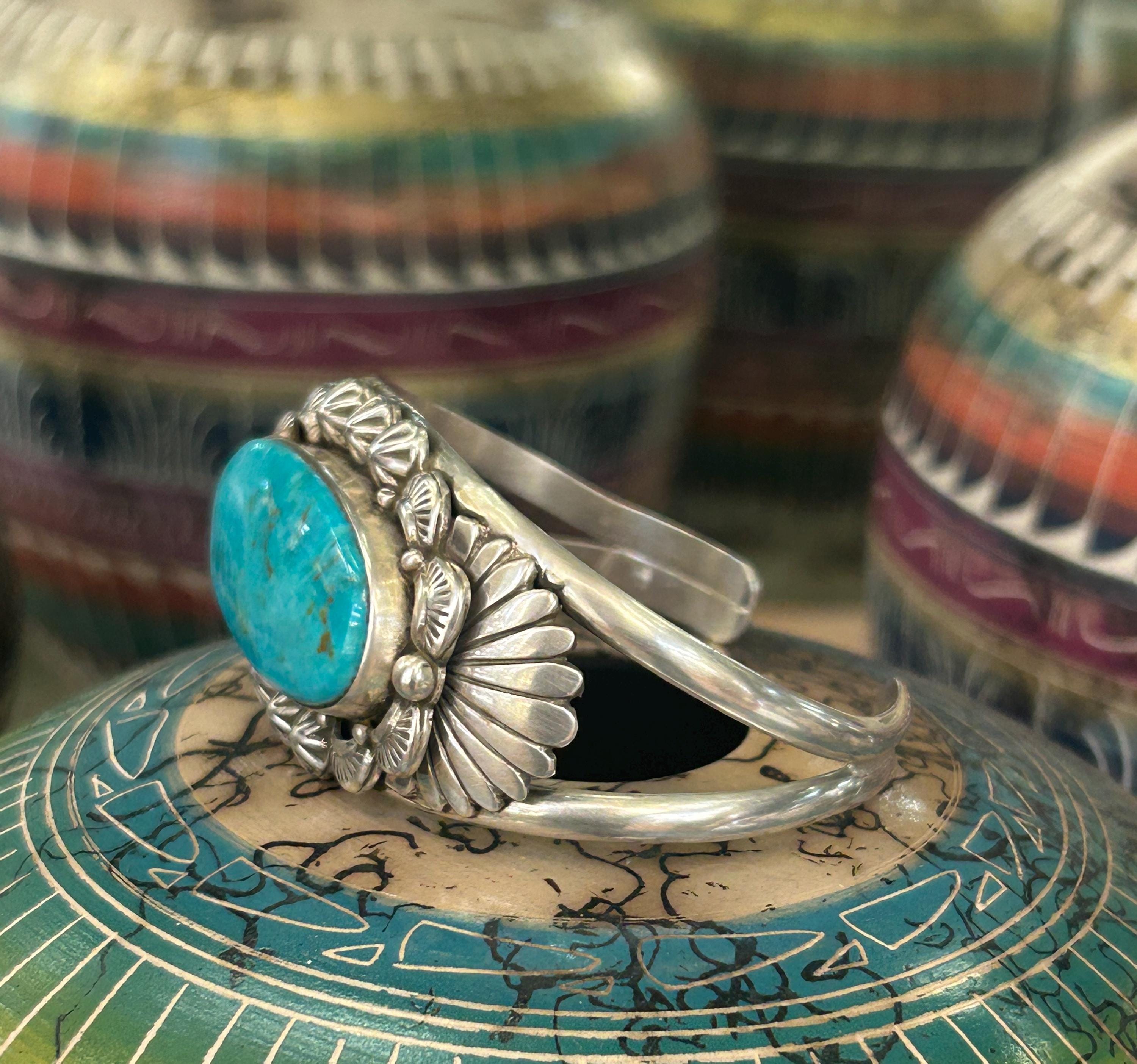 Kingman Turquoise Oval Shape Sterling Silver Navajo Handmade Cuff ...