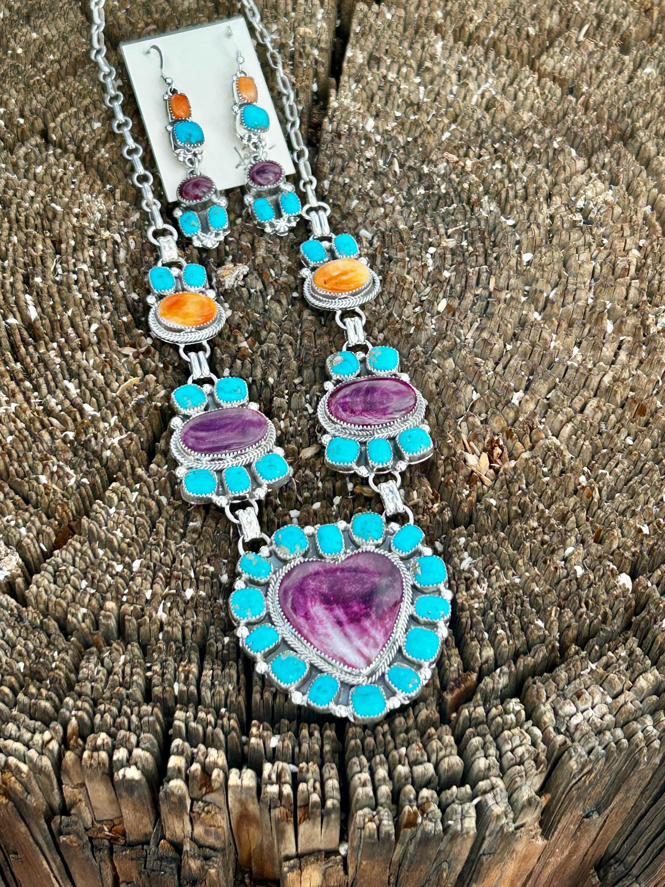 パワーストーン材 【jewelrypillow］2セット Purple Spiny Oyster Shell Turquoise Multistone Large Heart Cluster