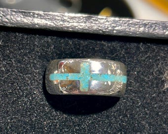 Crushed Inlaid Easter Blue Turquoise Cross Sterling Silver Navajo Handmade Band Ring