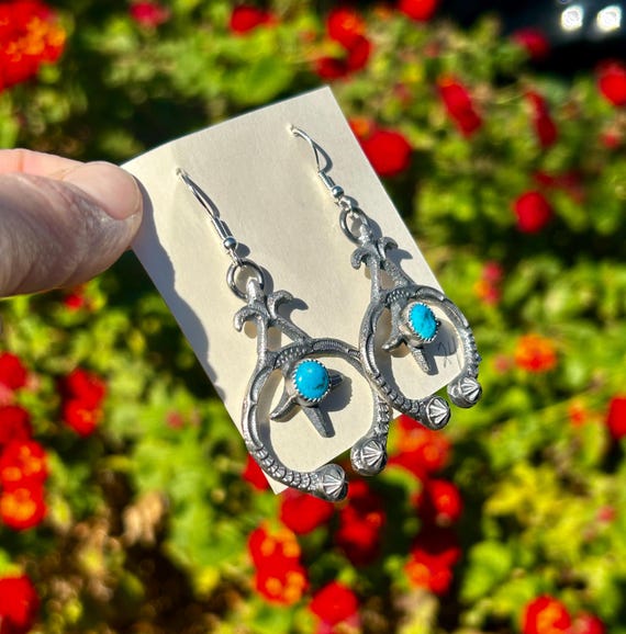 Turquoise Naja Sterling Silver Squash Blossom Earrings - Etsy