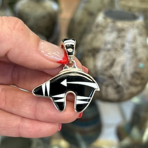 Black Onyx Inlay White Buffalo Sterling Silver Navajo Handmade Double Sided Bear Pendant with Chain