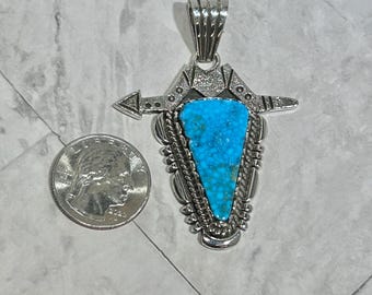 Birdeye Spiderweb Kingman Turquoise Arrow Sterling Silver Large Square Navajo Handmade Pendant
