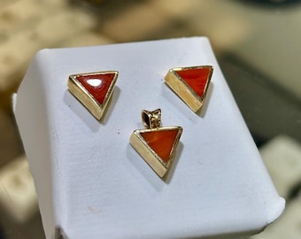 14K Gold Coral Triangular Post Earrings and Pendant/Sold Separately or buy both