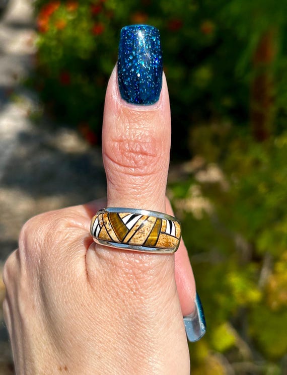 Tigers Eye/jasper/onyx Inlay Sterling Silver Navajo Handmade
