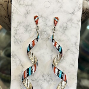 Zuni Multistone Inlay Sleeping Beauty Turquoise, Coral and Mother of Pearl Swirly Long Sterling Silver Earrings