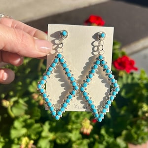 Zuni Sleeping Beauty Turquoise Diamond Shape Long Sterling Silver Post Dangle Earrings
