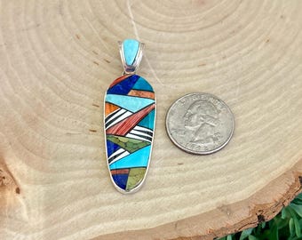 Multistone Inlay Turquoise/Spiny Oyster Shell Sterling Silver Navajo Handmade Pendant
