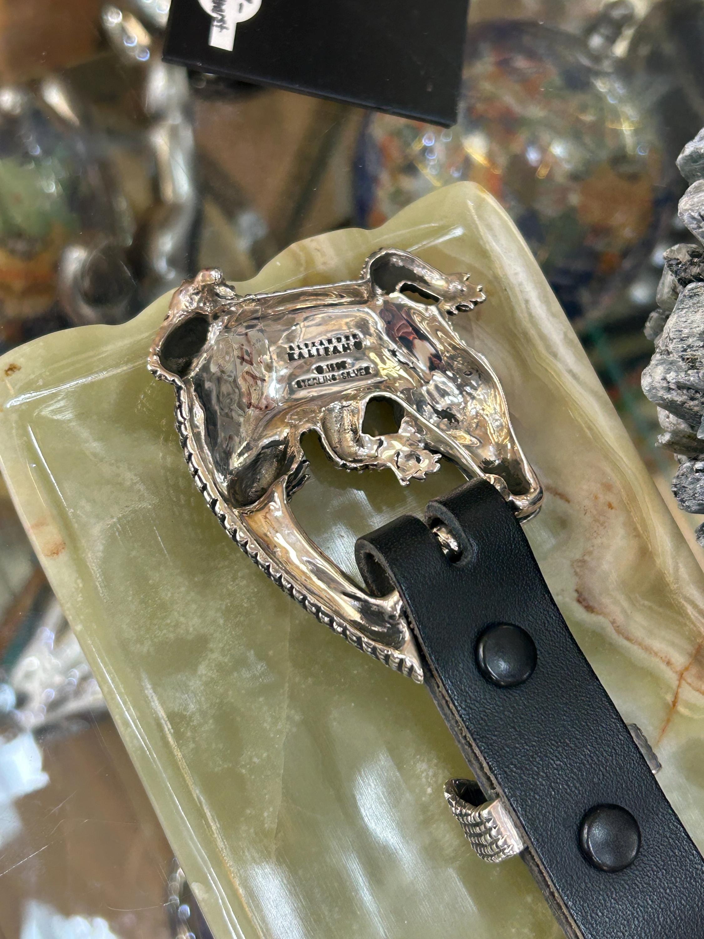 Vtg Leather Statement Belt Faux Alligator -
Chunky Silver Buckle Genuine Crocodile Reliquary Belt A genuine crocodile leather  main image 3
