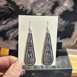 Hopi Handmade Symbolic Sterling Silver Oval Dangle Earrimgs