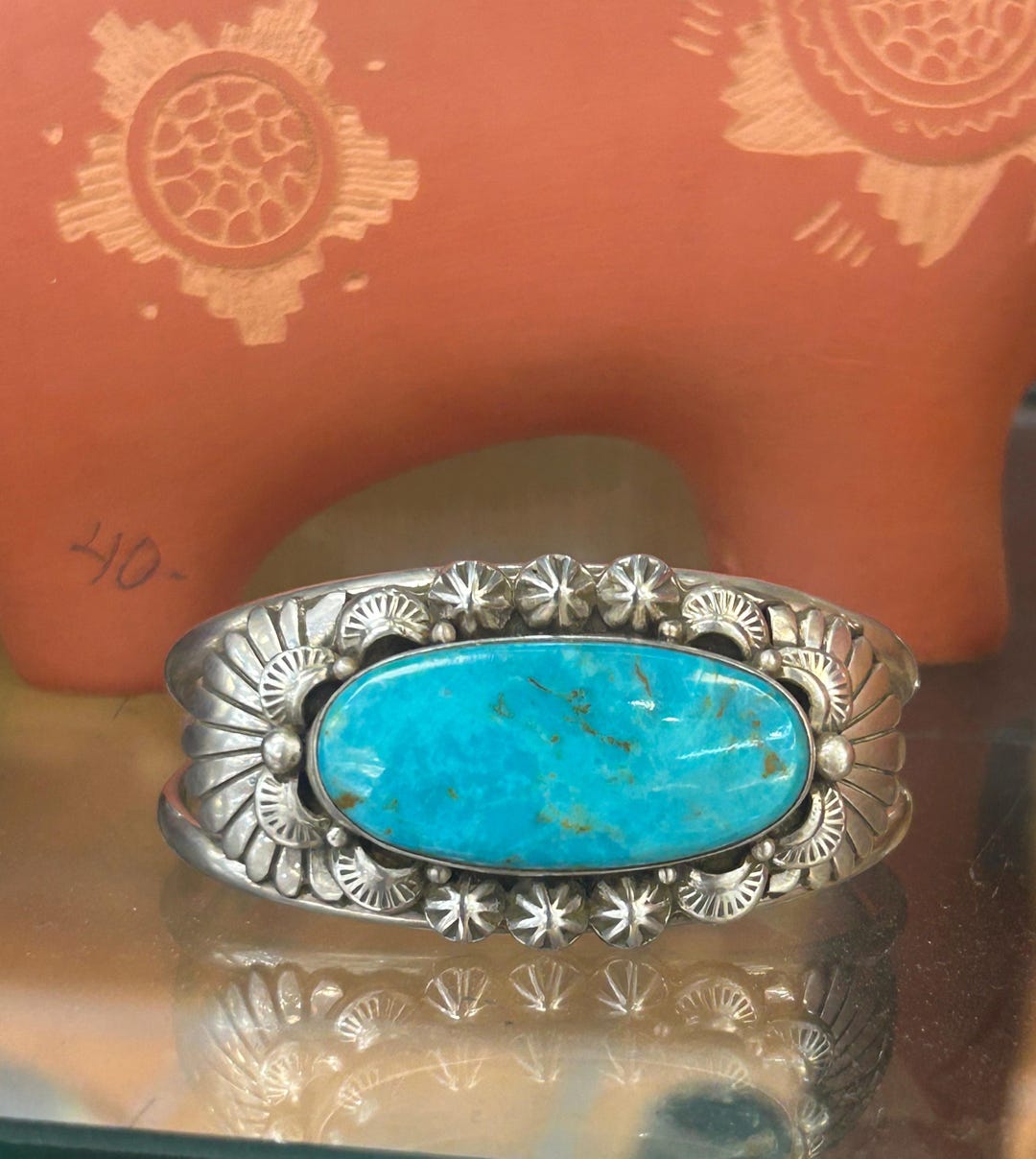 Kingman Turquoise Oval Shape Sterling Silver Navajo Handmade Cuff ...