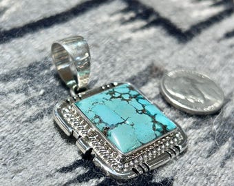 Navajo Handmade Turquoise Square Sterling Silver Mens/Womens Pendant