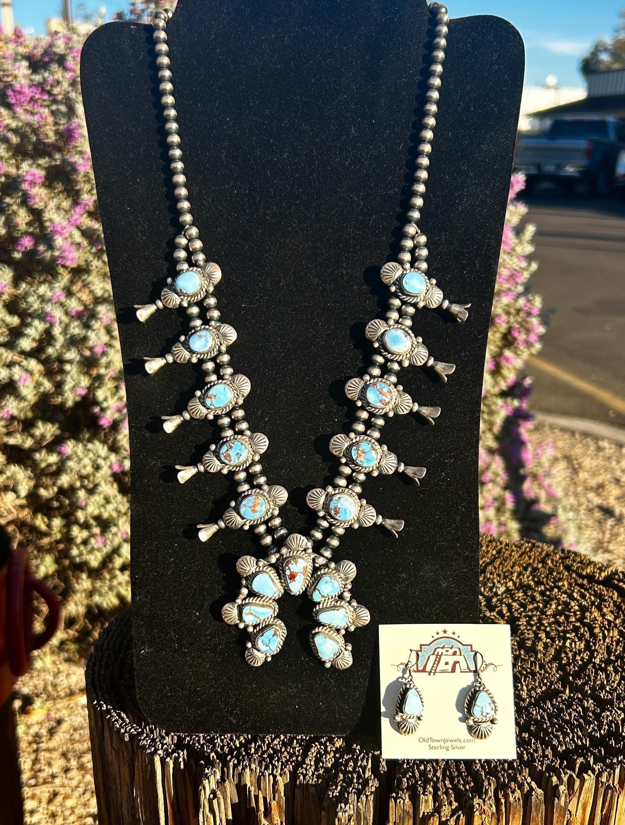 Golden Hills Turquoise Sterling Silver Navajo Handmade Squash Blossom Necklace and Warrings Set