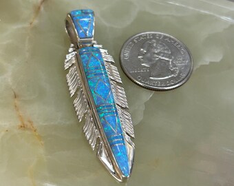Sterling Silver 925 Navajo June Delgarito Lab Opal Feather Pendant 