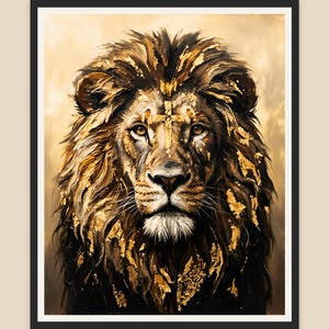 May include: A portrait of a lion with a golden mane and accents. The artwork shows a detailed depiction of the lion's face, with a focus on its eyes and fur. The colour palette includes shades of brown, gold, and black, creating a striking visual effect.
