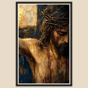 Op de afbeelding: Olieverfschilderij van een religieuze figuur aan het kruis, met een doornenkroon en bloed op de borst. De achtergrond is een mix van blauw, goud en bruin, met getextureerde penseelstreken.