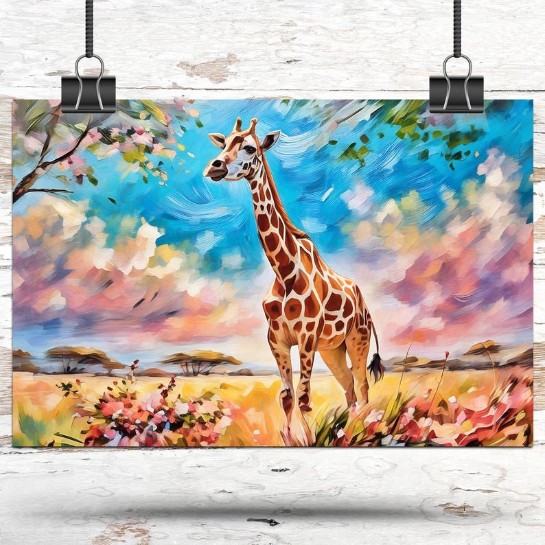 Giraffe Oil Painting Canvas Print Safari Animal Watercolor Print Canvas