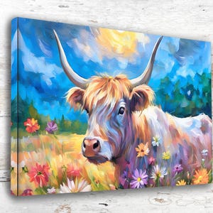 Highland Cow Watercolor Art Print - Country Farmhouse Decor, Highland Cow Floral Canvas Print, Highland Cow Oil Paint Wall Art