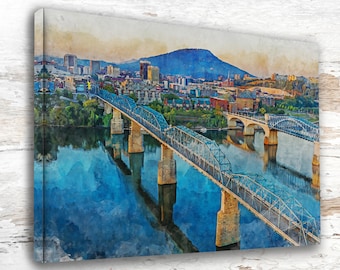 Chattanooga Tennessee Watercolor Canvas Print, Cityscape Wall Art