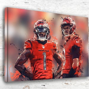Ja&#39;Marr Chase, Joe Burrow Cincinnati Bengals, Giclee Poster Print, Home decor for Basement, Man Cave , Ready to hang canvas, Cincinnati Ohio