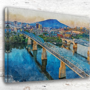 Chattanooga Tennessee  watercolor, Tennessee wall art, Chattanooga River canvas wall art Chattanooga cityscape canvas wall art