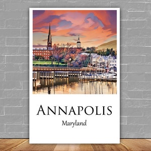Annapolis Maryland Travel Art Canvas , Annapolis skyline canvas print, Annapolis MD print, Historic Annapolis Maryland watercolor canvas