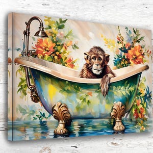 Bathtub Watercolor Chimpanzee Canvas Print - Cute Chimp in Bathtub Wall Art - Colorful Watercolor Painting for Home Decor