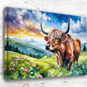 Highland Cow Watercolor Art Print  Highland Cow Canvas Print with Floral Accents, Rustic Cow Wall Art, Highland Cow colorful canvas wall art